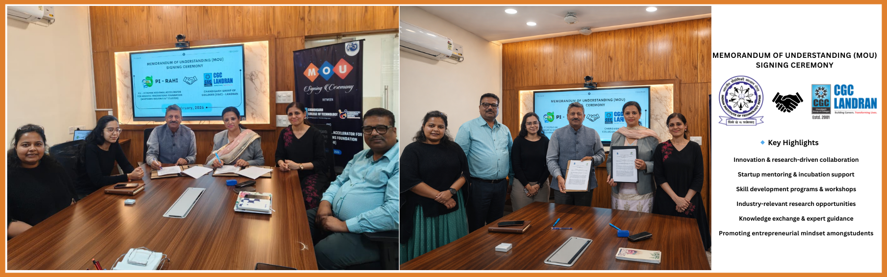 Chandigarh College of Technology, CGC Landran Signs MoU with PU–IIT Ropar’s PI-RAHI 